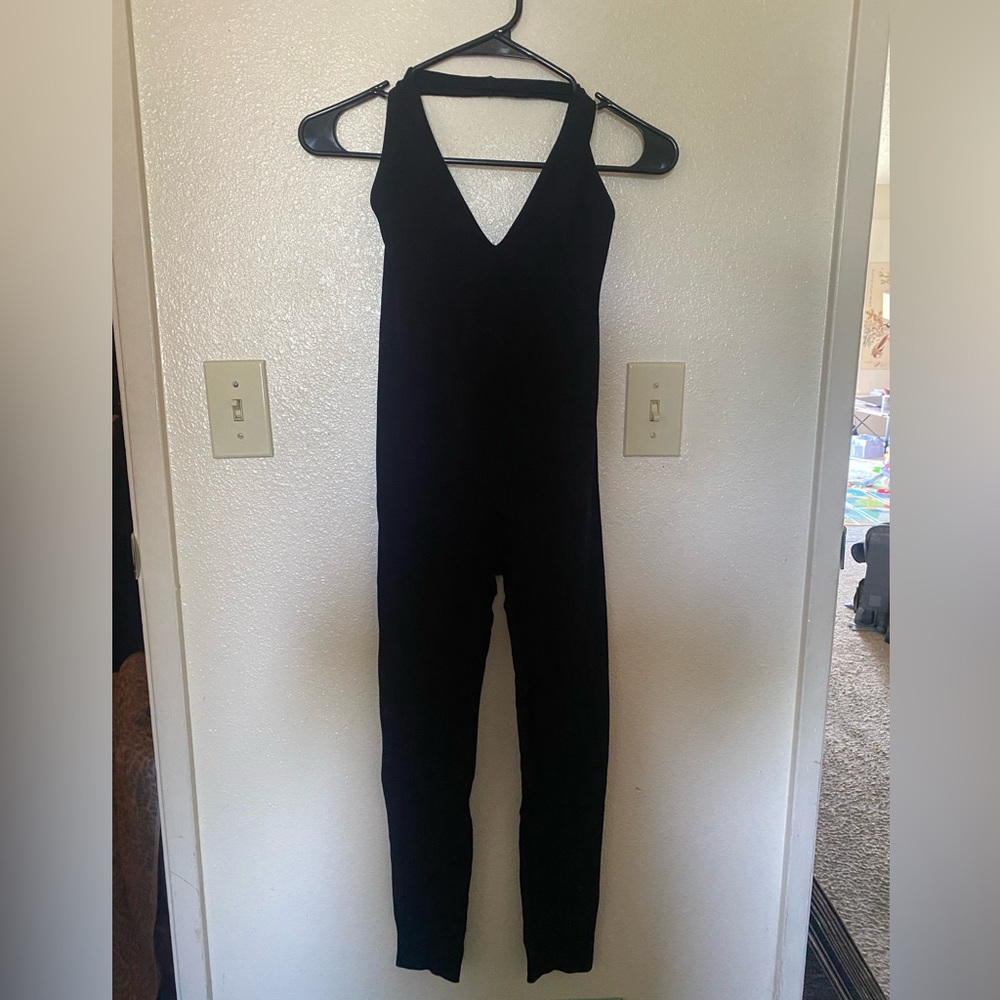Black Ribbed Halter Neck Jumpsuit